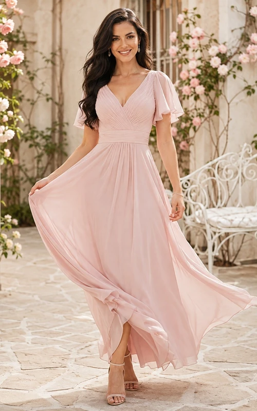 Vestido de compromiso romántico de gasa de manga corta con escote en V y corte en A hasta el suelo
