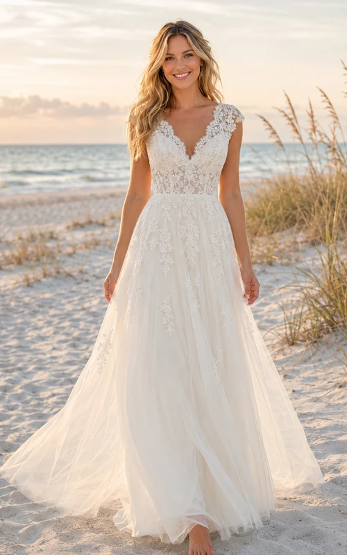 Vintage Brautkleid im Küstenstil mit V-Ausschnitt, A-Linie und Spitze