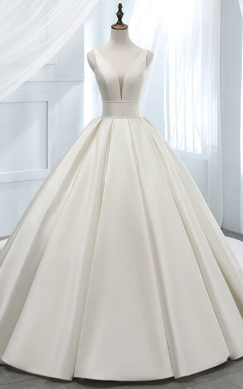 Vestido de gala de satén, escote pronunciado, sin mangas, liso, elegante, con corsé en la espalda, estilo princesa.
