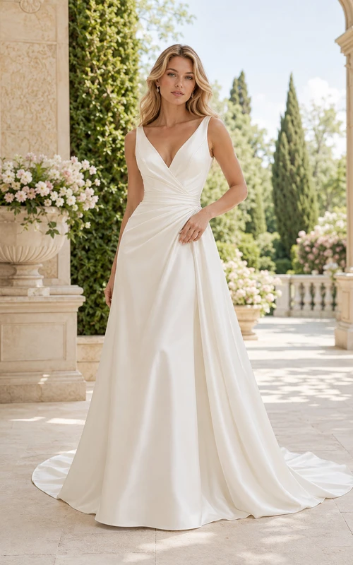 V-Neck Satin A-Line Wedding Dress with Ruched Waist