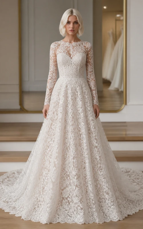 Vestido de novia de encaje de corte A con mangas largas y estilo catedral para novias mayores y modestas