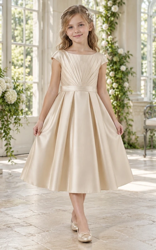 Simple Tea-length Champagne Satin Jewel Cap-sleeve Radial-bodice Pleated Waistband Zipper-back Flower Girl Dress