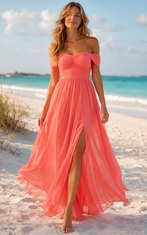 Korallenfarbenes, schulterfreies Chiffon-Kleid mit kurzen Ärmeln und Falten für Brautjungfern am Strand