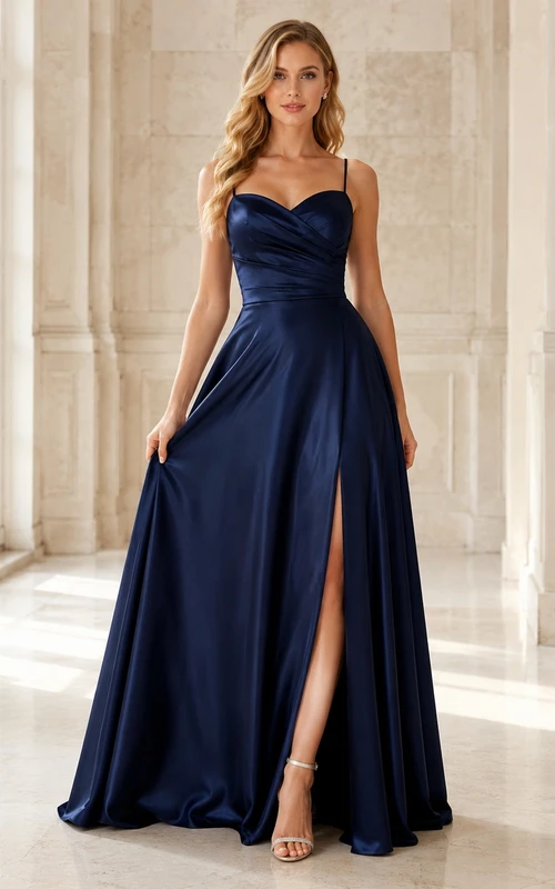 Dark Navy Cowl Neck Satin Spaghetti Strap Split A-Line Formal Maxi Dress