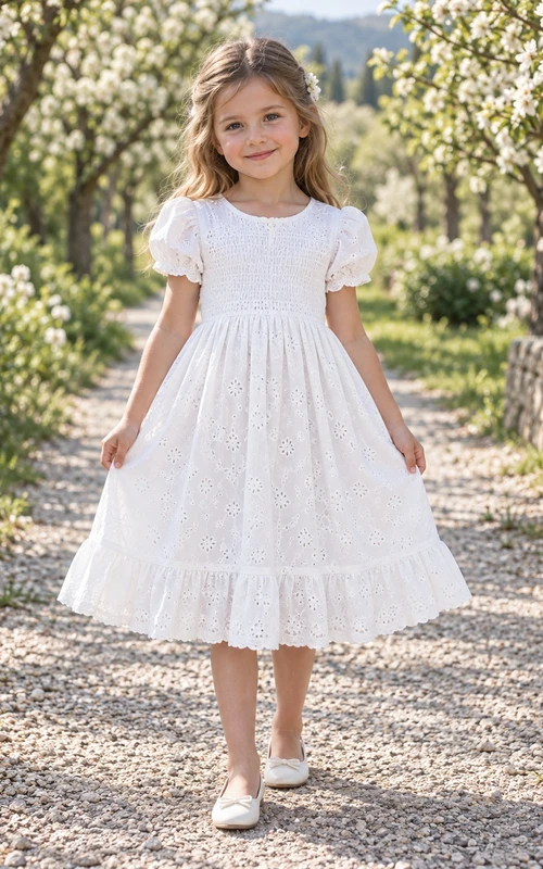 Vestido de niña de flores blanco modesto de corte A con estampado floral, mangas abullonadas y volantes, hasta la rodilla.