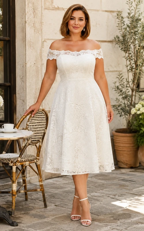 Weißes schulterfreies, kurzärmeliges Midikleid aus Spitze in Übergröße