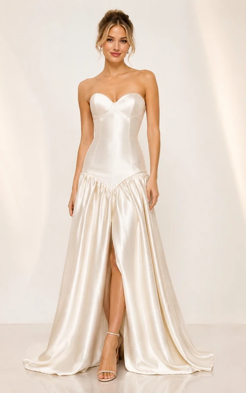 Abendkleid aus elfenbeinfarbenem Satin, A-Linie, trägerlos mit Schlitz, bodenlang