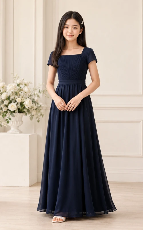 Altersgerechtes, formelles, dunkelblaues Chiffon-Brautjungfernkleid mit kurzen Ärmeln, quadratischem A-Linien-Schnitt und bodenlang