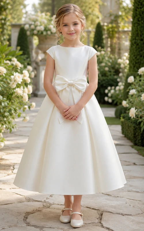 Vestido de niña de flores blanco sin mangas, de corte A, con escote joya y falda a la altura de la rodilla con detalle de lazo.