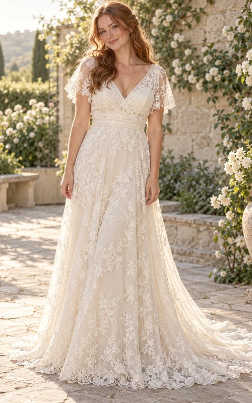Vintage V-neck Flutter Sleeve Floral Lace A-line Train Wedding Dress