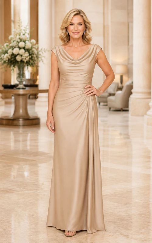 MOB-Kleid Champagnerfarbenes Satin-Etuikleid mit Wasserfallausschnitt, bodenlang, drapiert