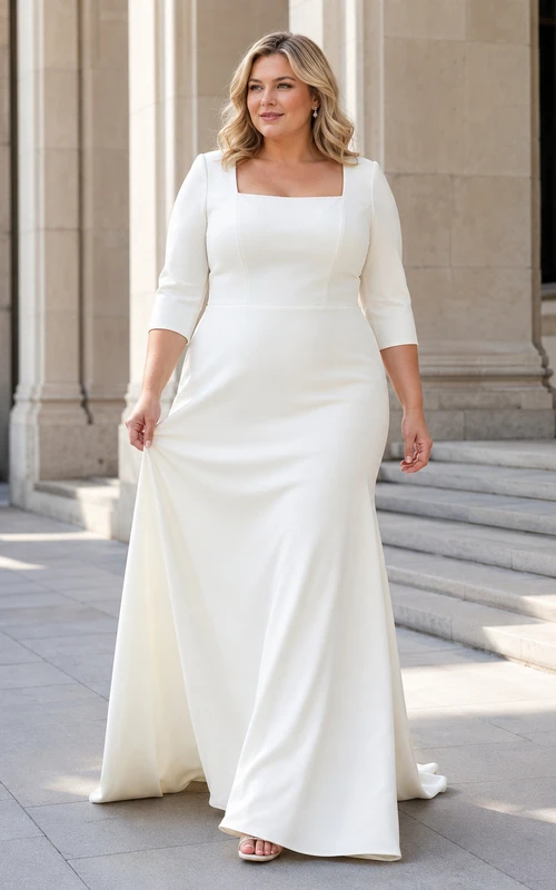 Robe de mariée en satin à col carré et manches trois-quarts, grande taille, à prix abordable