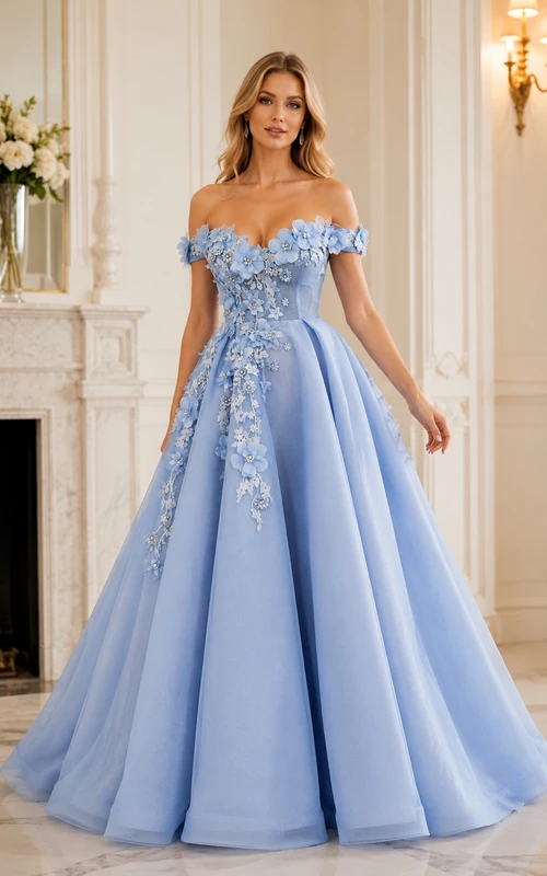 Himmelblaues schulterfreies Ballkleid mit Spitzenapplikationen
