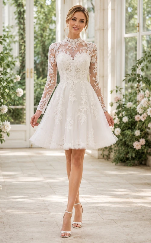 Vestido de novia romántico corto de cuello alto y manga larga con botones de encaje en la espalda, ideal para bodas en el jardín.