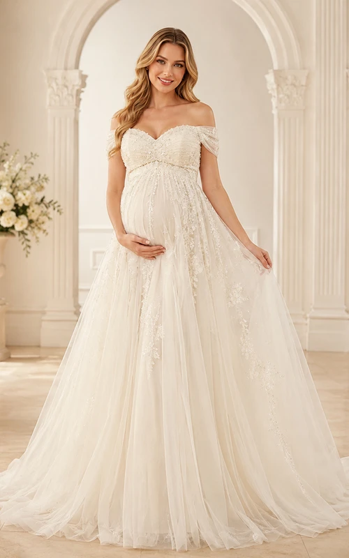 Robe de mariée de luxe en tulle, longue jusqu'au sol, épaules dénudées et manches courtes, style princesse, idéale pour la maternité.