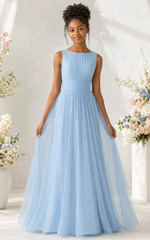 Vestido azul cielo para dama de honor junior, corte en A, sin mangas, color joya.