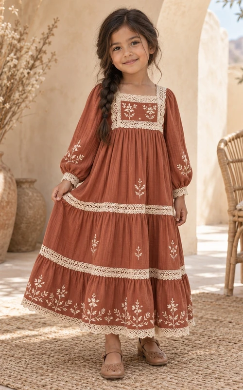 Boho-Blumenmädchenkleid in Teelänge, langärmelig, rostfarben, A-Linie, bestickt, mit Spitzenbesatz, gestuft