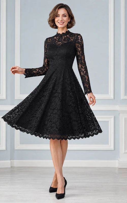 Schwarzes Vintage-Cocktailkleid in A-Linie mit hohem Kragen, Illusion-Spitze und langen Ärmeln