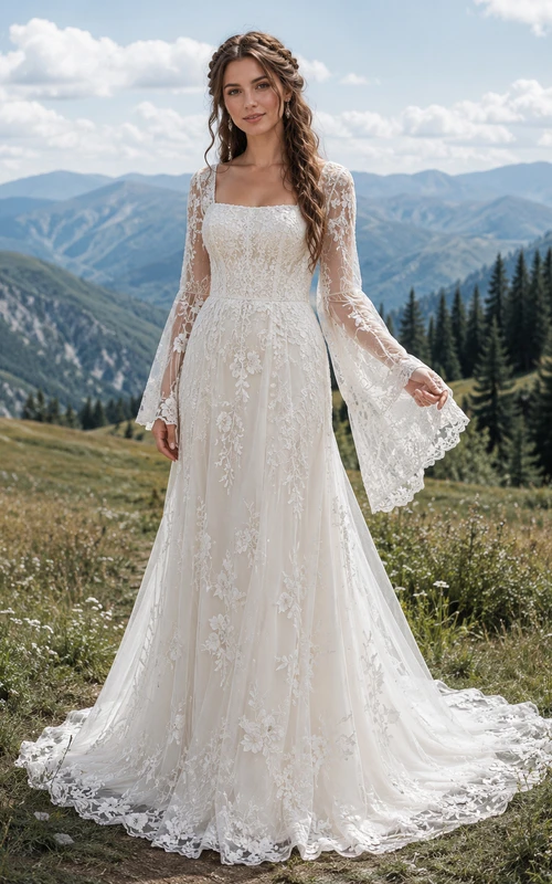 Square Neck Lace Bell Sleeve Mountain Meadow Bridal Dress