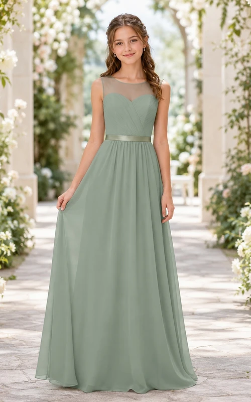Celadonfarbenes Brautjungfernkleid für junge Mädchen, A-Linie, Rundhalsausschnitt, ärmellos, elegant