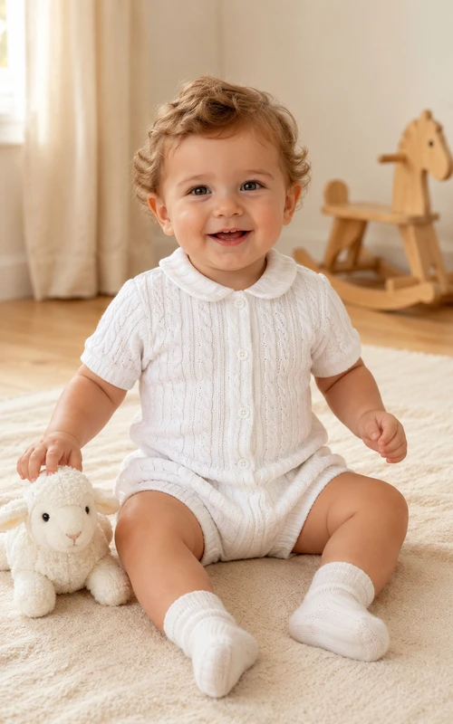 Pelele de bautizo blanco de punto acanalado con cuello Peter y manga corta para bebé niño.