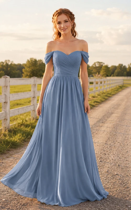 Steel Blue Chiffon A-Line Off-Shoulder Sweetheart Short Sleeve Pleated Zip Back Floor-Length Bridesmaid Dress
