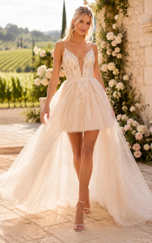 Mini-Hochzeitskleid aus zartrosa Spitze mit abnehmbarer Tüllschleppe