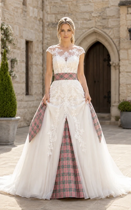 Romantisches Hochzeitskleid aus schottischem rosa Tartan mit Spitzenbesatz und Schmuckkragen