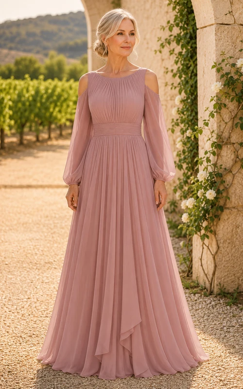 MOB-Kleid, altrosa Tüll, A-Linie, lange Ärmel, U-Boot-Ausschnitt, bodenlang, plissiert