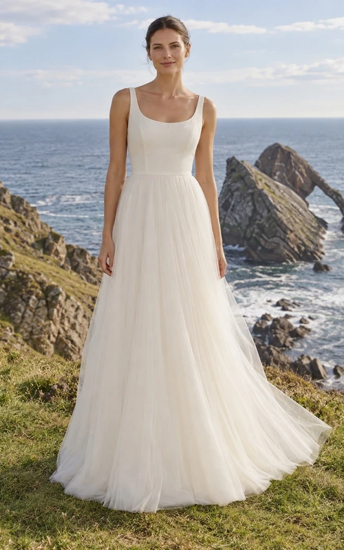 Sencillo vestido de novia romántico para la playa, corte en A, escote redondo, sin mangas, largo hasta el suelo, de tul suave.