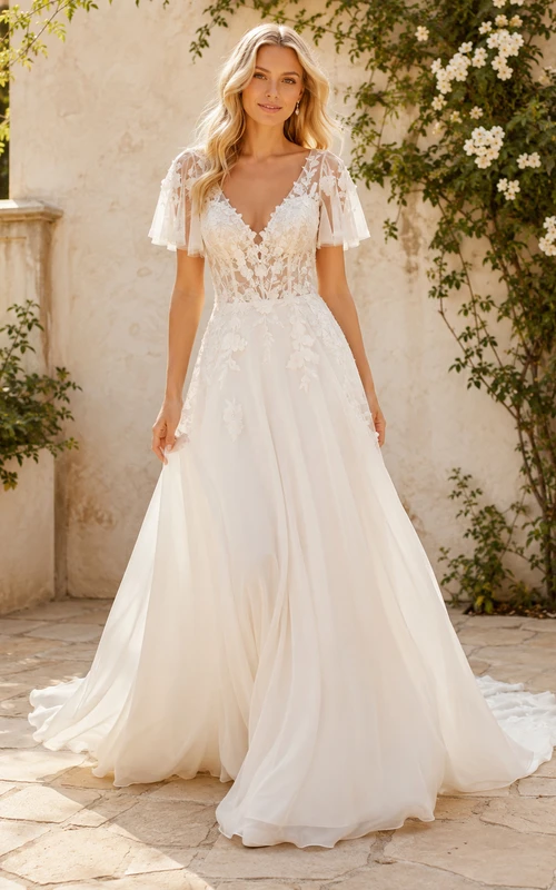 Robe de mariée romantique en mousseline de soie, coupe trapèze, manches papillon, col en V et traîne courte, à manches papillon et col en V