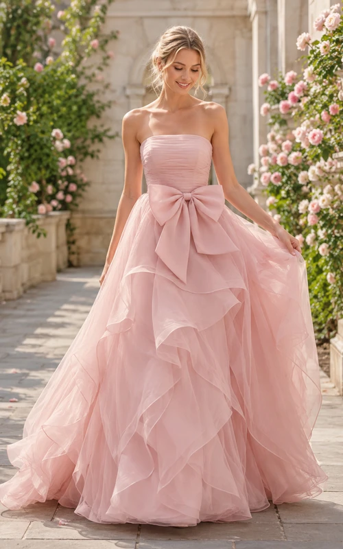 Robe de mariée bustier rose poudré à volants en tulle et nœud cascade