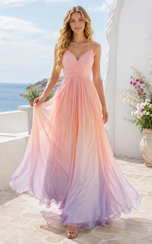 Vestido largo de gasa con tirantes finos y corte en A en tonos pastel degradados.