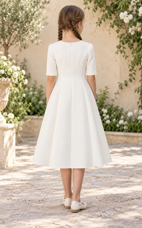 Robe de demoiselle d'honneur simple et modeste, jupe ivoire à panneaux, longueur thé