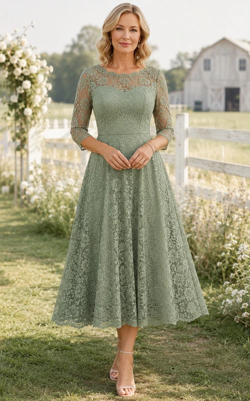 Salbeigrünes Vintage-Kleid im Landhausstil mit Muschelkanten, Dreiviertel-Ausschnitt, Illusionsspitze, A-Linie und Teelänge – perfekt für die Mutter des Bräutigams
