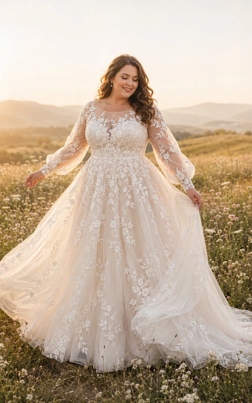 Plus Size Long Sleeve Lace A-Line Wedding Dress with Full Train