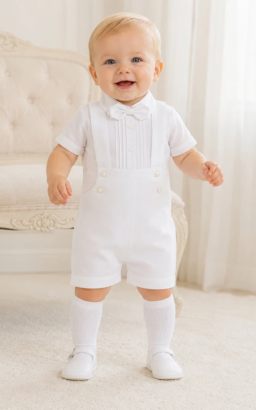 White Double Button Bib Short Sleeve Christening Romper for Baby Boy