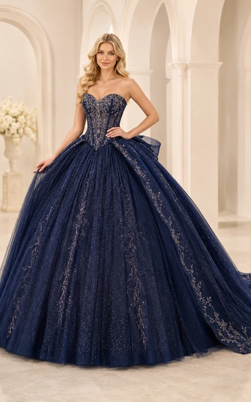 Dark Navy Luxury Strapless Sweetheart Glitter Tulle Detachable Cathedral Train Quinceanera Ball Gown