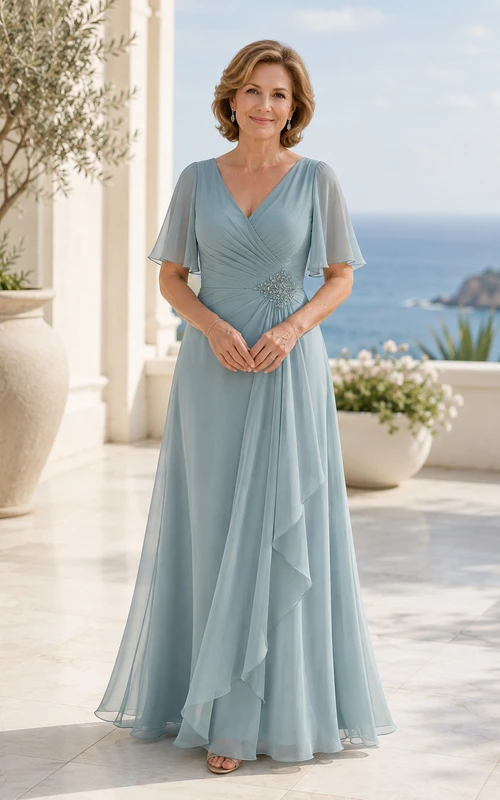 Himmelblaues Chiffon-Kleid in A-Linie mit V-Ausschnitt und Volantärmeln