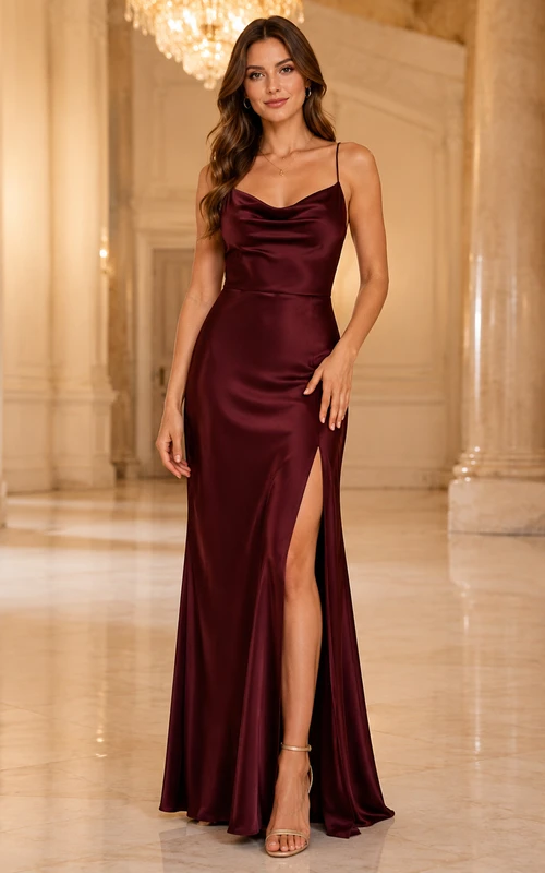 Robe de soirée bordeaux en satin satiné à fines bretelles et col bénitier avec fente