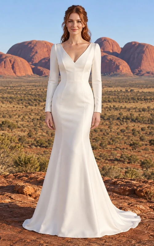 Einfaches Brautkleid mit V-Ausschnitt, langen Ärmeln und Schleppe