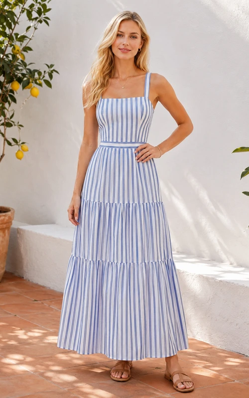 Vestido largo de verano con tirantes finos y rayas azules
