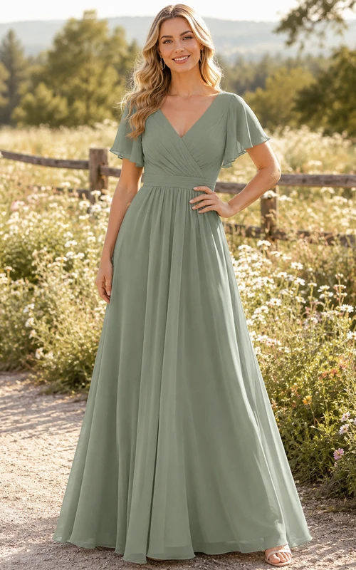 Sage Chiffon A-Line V-Neck Flutter Sleeve Pleated Low Back Floor-Length Bridesmaid Dress