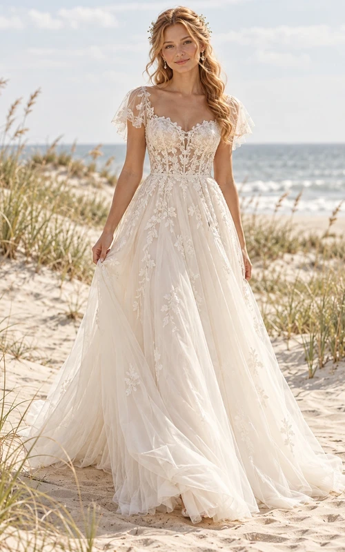 Boho Flutter Sleeve Sweetheart Illusion Floral A-Line Wedding Dress