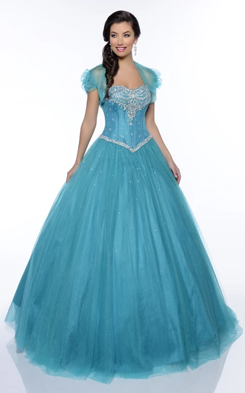 Robe de bal longue jusqu'au sol, en tulle, ornée de cristaux, à volants et dos corset lacé.