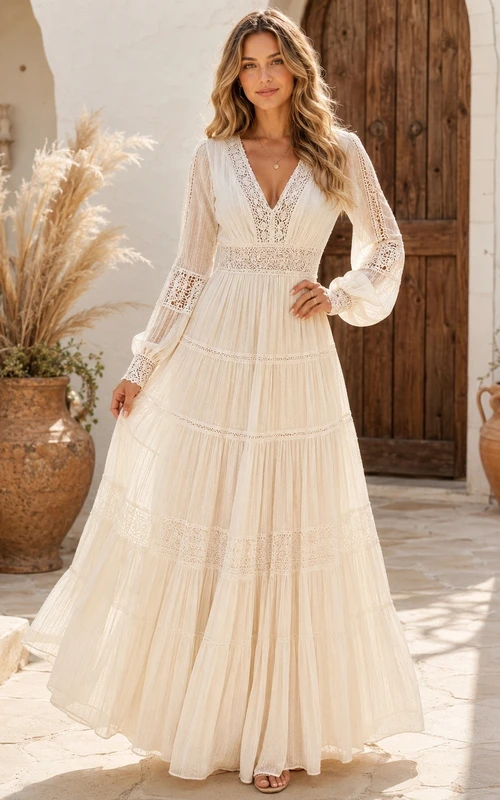 Vestido largo bohemio de manga larga, cuello en V, encaje escalonado y corte en A