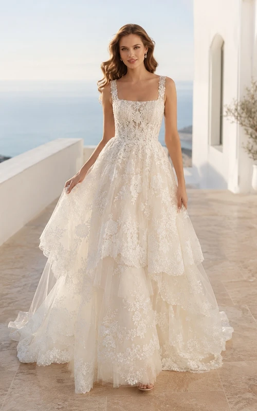 Ballkleid mit eckigem Ausschnitt, Spitze, Hofschleppe, Brautkleid, festlich