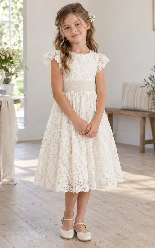 Modest Ivory Tea-length Scalloped Flutter Sleeve Narrow Sash Floral Lace Flower Girl Dress
