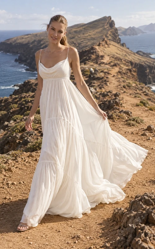 Vestido de novia sencillo de corte A, sin mangas, de voile de algodón con escote drapeado y cola fruncida.