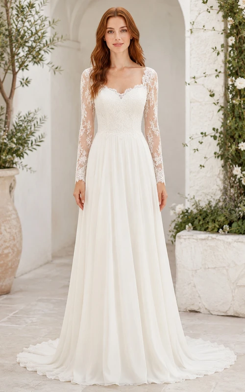 Lace Tulle Wedding Dress A-Line V-Neck Long Sleeve Sweep Train Bridal Gown